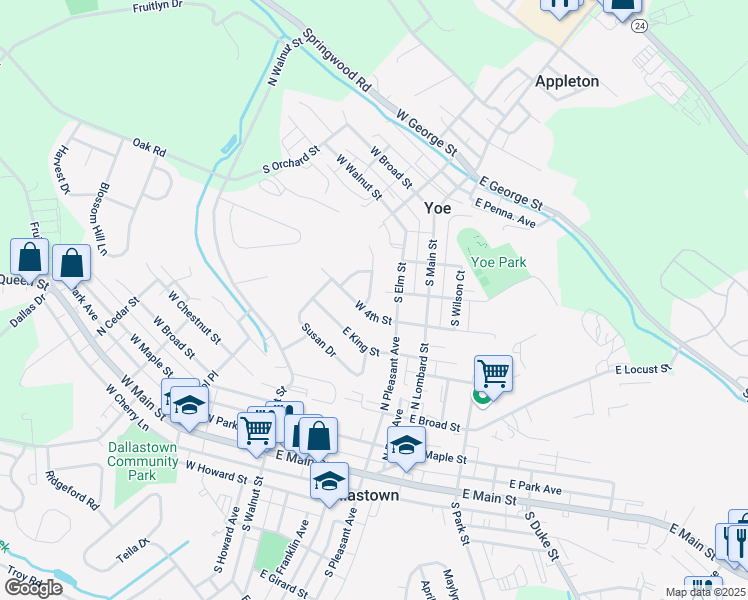 map of restaurants, bars, coffee shops, grocery stores, and more near 215 Denton Drive in Dallastown