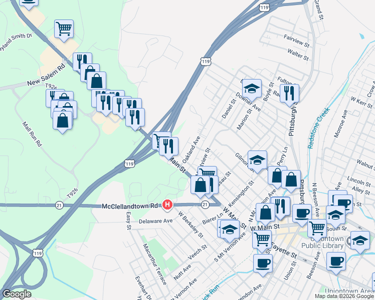 map of restaurants, bars, coffee shops, grocery stores, and more near 35 Oakland Ave in Uniontown