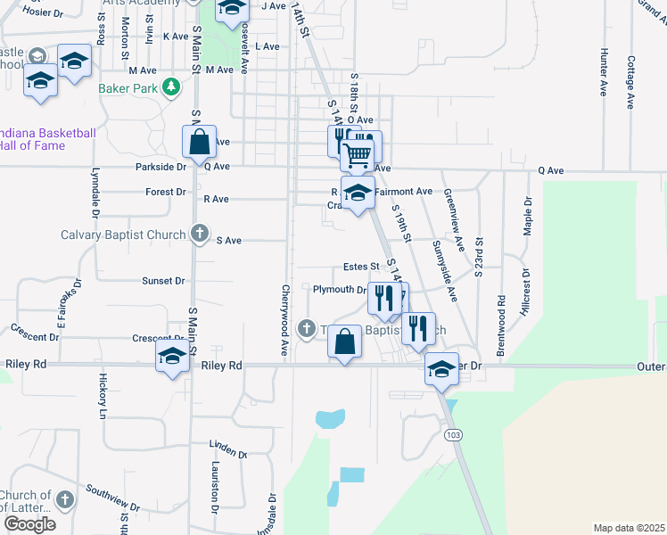 map of restaurants, bars, coffee shops, grocery stores, and more near 1700 Estes Street in New Castle