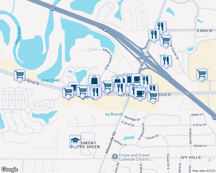 map of restaurants, bars, coffee shops, grocery stores, and more near 5226 East 82nd Street in Indianapolis