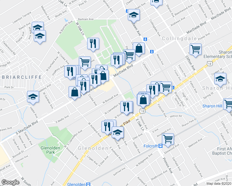 map of restaurants, bars, coffee shops, grocery stores, and more near 166 North Bonsall Avenue in Glenolden