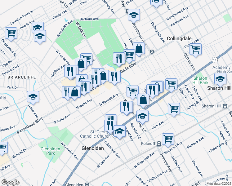 map of restaurants, bars, coffee shops, grocery stores, and more near 166 North Bonsall Avenue in Glenolden
