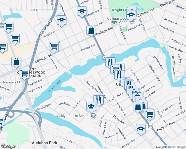 map of restaurants, bars, coffee shops, grocery stores, and more near 109 Manheim Ave in Oaklyn