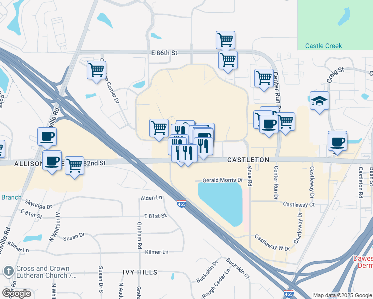 map of restaurants, bars, coffee shops, grocery stores, and more near 6022 East 82nd Street in Indianapolis