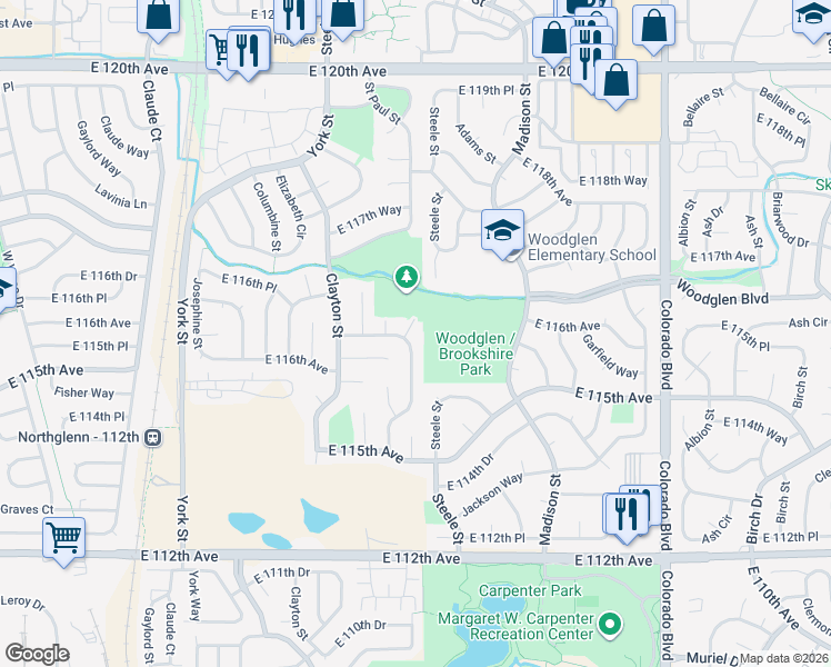 map of restaurants, bars, coffee shops, grocery stores, and more near 11681 Milwaukee Circle in Thornton