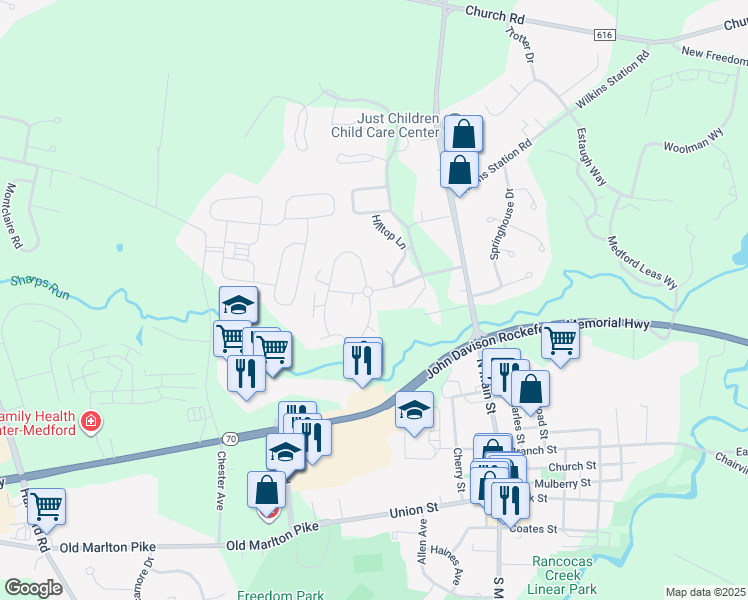 map of restaurants, bars, coffee shops, grocery stores, and more near 4 Eaves Mill Road in Medford