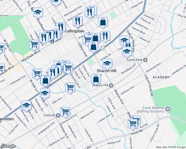 map of restaurants, bars, coffee shops, grocery stores, and more near 211 Felton Avenue in Sharon Hill