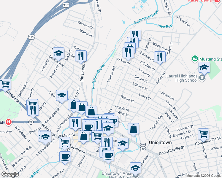 map of restaurants, bars, coffee shops, grocery stores, and more near 53 West Walnut Street in Uniontown