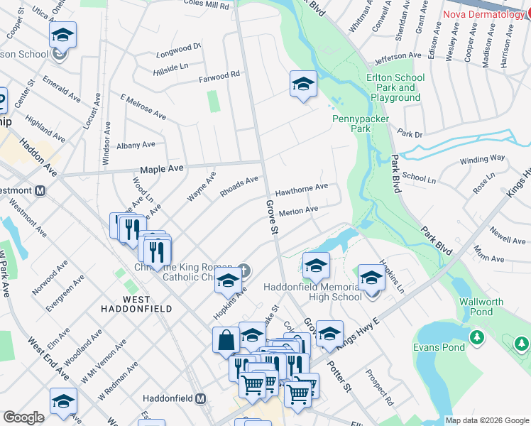 map of restaurants, bars, coffee shops, grocery stores, and more near 400 Grove Street in Haddonfield