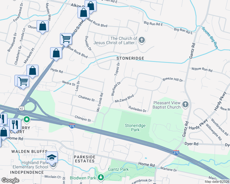 map of restaurants, bars, coffee shops, grocery stores, and more near 2400 Warfield Drive in Grove City