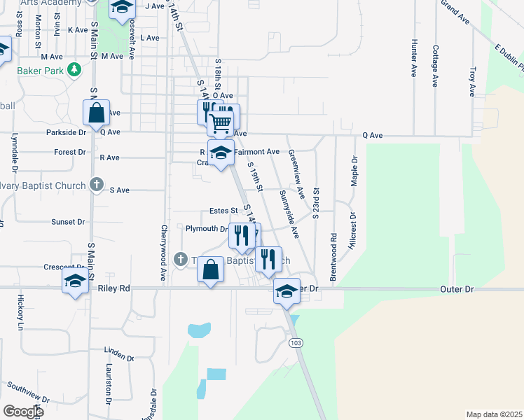 map of restaurants, bars, coffee shops, grocery stores, and more near 2801 South 19th Street in New Castle