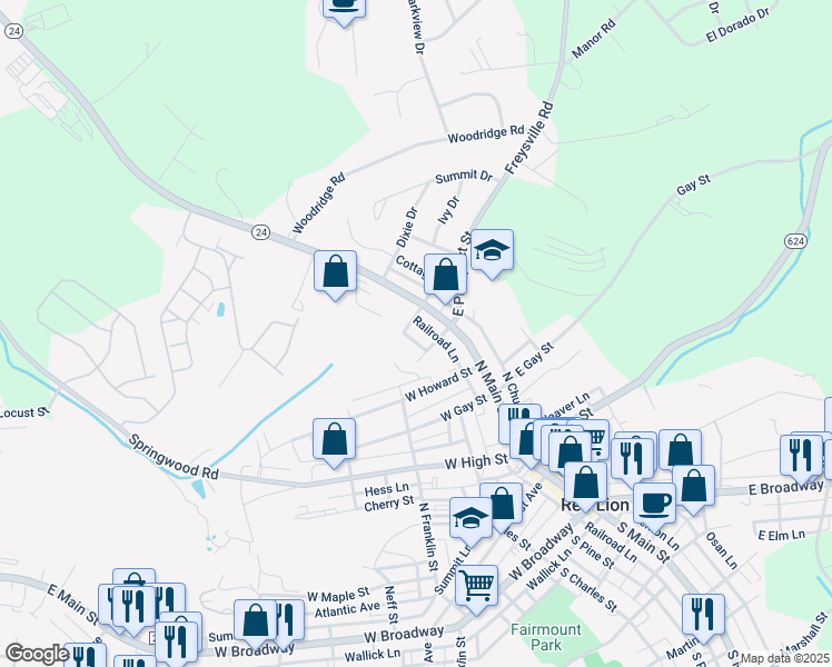 map of restaurants, bars, coffee shops, grocery stores, and more near 307 North Charles Street in Red Lion