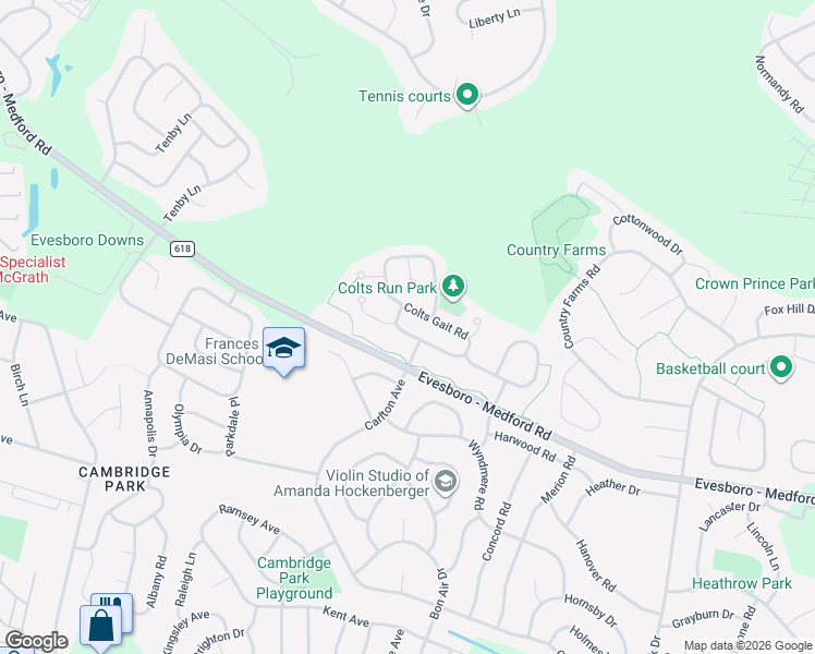 map of restaurants, bars, coffee shops, grocery stores, and more near 6 Colts Gait Road in Evesham