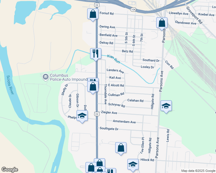 map of restaurants, bars, coffee shops, grocery stores, and more near 2724 Thorndale Avenue in Columbus