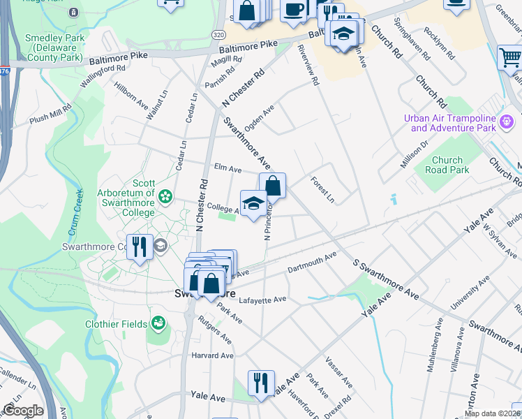 map of restaurants, bars, coffee shops, grocery stores, and more near 115 College Avenue in Swarthmore