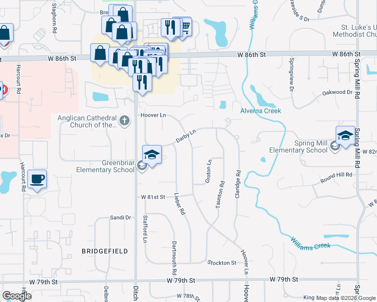 map of restaurants, bars, coffee shops, grocery stores, and more near 8236 Hoover Lane in Indianapolis