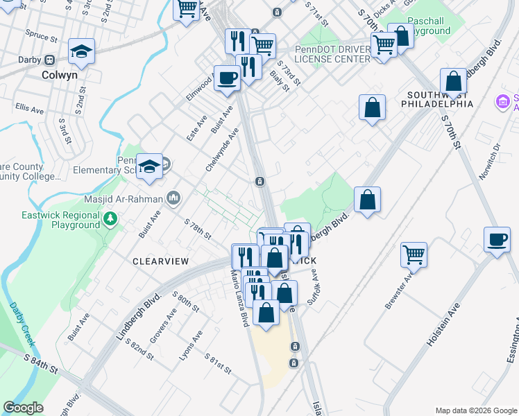 map of restaurants, bars, coffee shops, grocery stores, and more near 2838 Island Avenue in Philadelphia