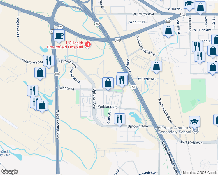 map of restaurants, bars, coffee shops, grocery stores, and more near 8181 Arista Place in Broomfield