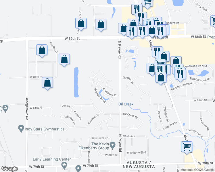 map of restaurants, bars, coffee shops, grocery stores, and more near 8291 Hewlet Drive in Indianapolis