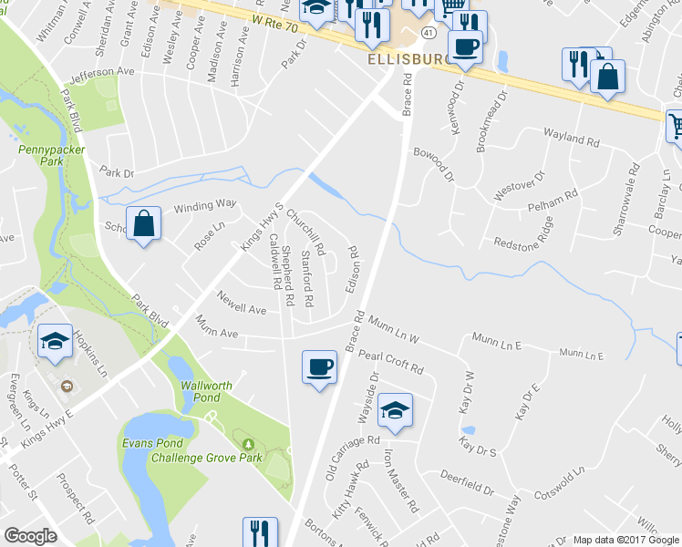 map of restaurants, bars, coffee shops, grocery stores, and more near 32 Park Circle in Cherry Hill