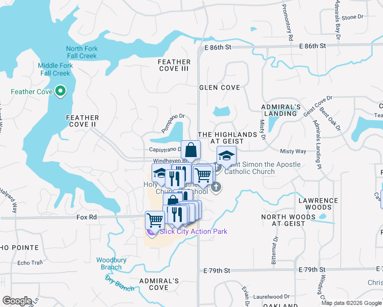 map of restaurants, bars, coffee shops, grocery stores, and more near 11741 Capistrano Drive in Indianapolis