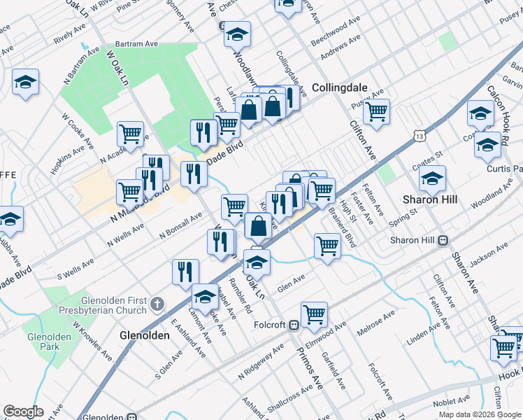 map of restaurants, bars, coffee shops, grocery stores, and more near 28 King Avenue in Folcroft