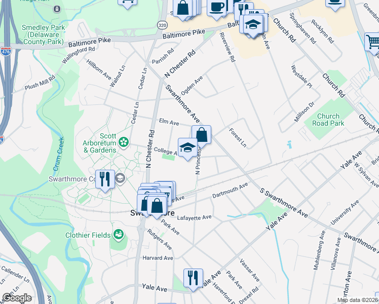 map of restaurants, bars, coffee shops, grocery stores, and more near 119 College Avenue in Swarthmore