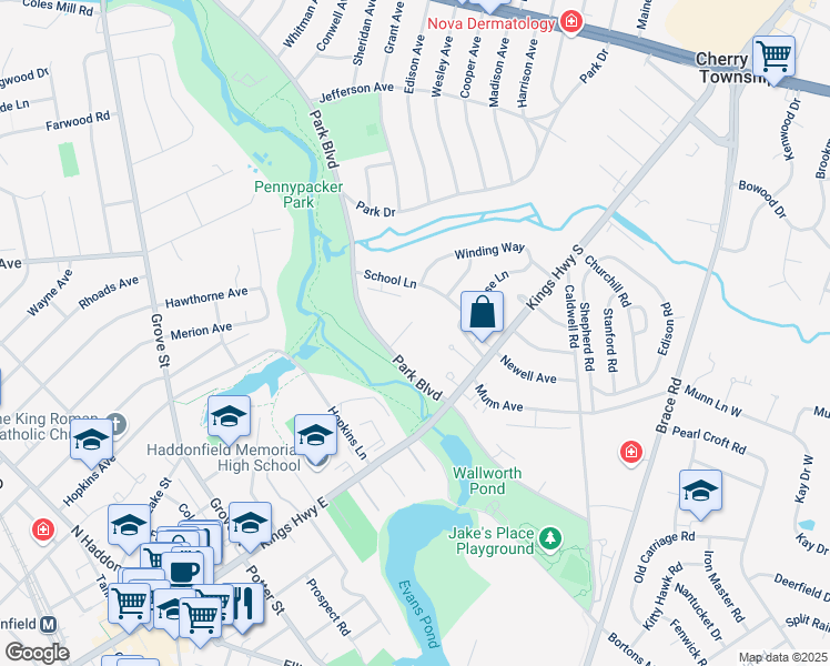map of restaurants, bars, coffee shops, grocery stores, and more near 128 E Cherry Parke in Cherry Hill