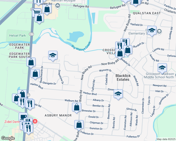 map of restaurants, bars, coffee shops, grocery stores, and more near 3456 Noe Bixby Road in Columbus