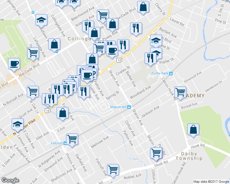 map of restaurants, bars, coffee shops, grocery stores, and more near 1122 Spring Street in Sharon Hill