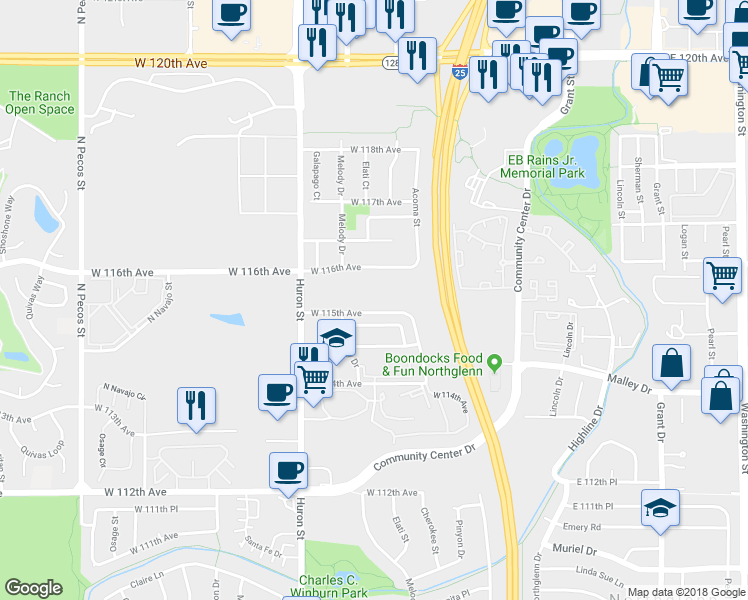 map of restaurants, bars, coffee shops, grocery stores, and more near 525 West 115th Avenue in Northglenn