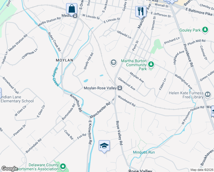 map of restaurants, bars, coffee shops, grocery stores, and more near 485 Bancroft Road in Media