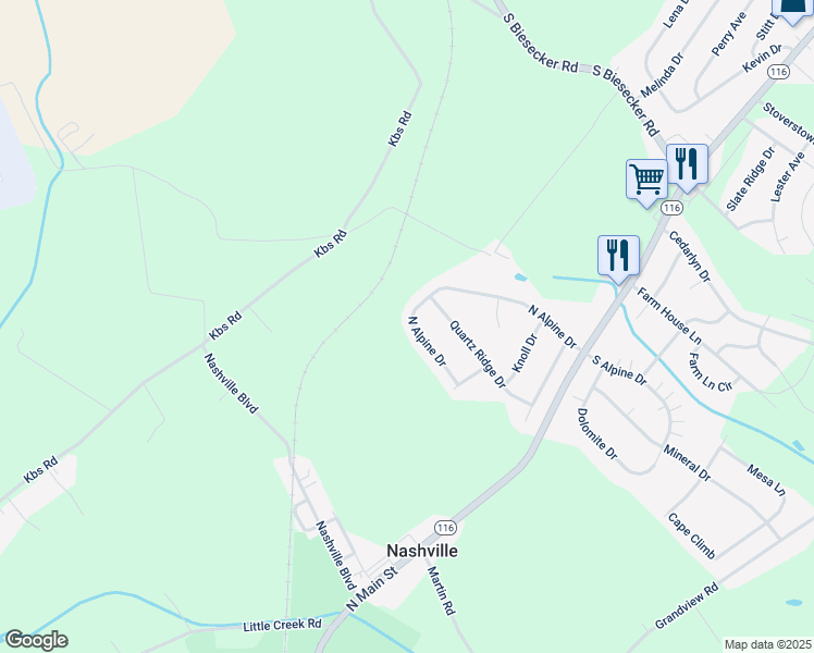 map of restaurants, bars, coffee shops, grocery stores, and more near 241 North Alpine Drive in York