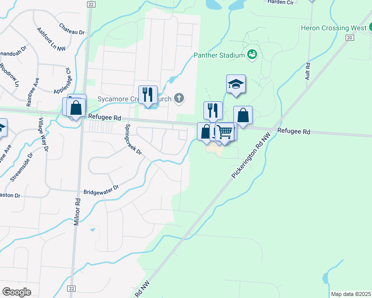 map of restaurants, bars, coffee shops, grocery stores, and more near 8087 Kingfisher Lane in Pickerington