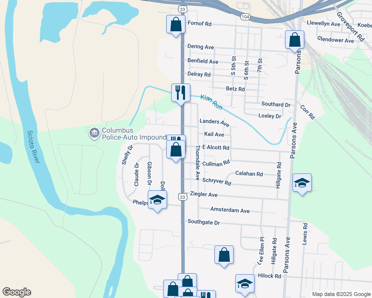 map of restaurants, bars, coffee shops, grocery stores, and more near 2720 South High Street in Columbus