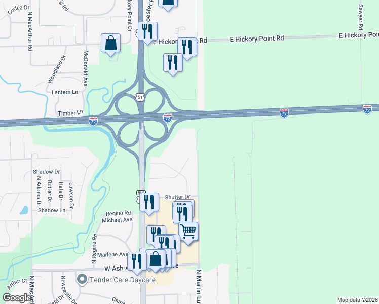 map of restaurants, bars, coffee shops, grocery stores, and more near 4725 North Martin Luther King Junior Drive in Decatur