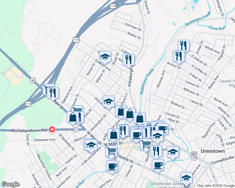 map of restaurants, bars, coffee shops, grocery stores, and more near 123 Moore Ave in Uniontown