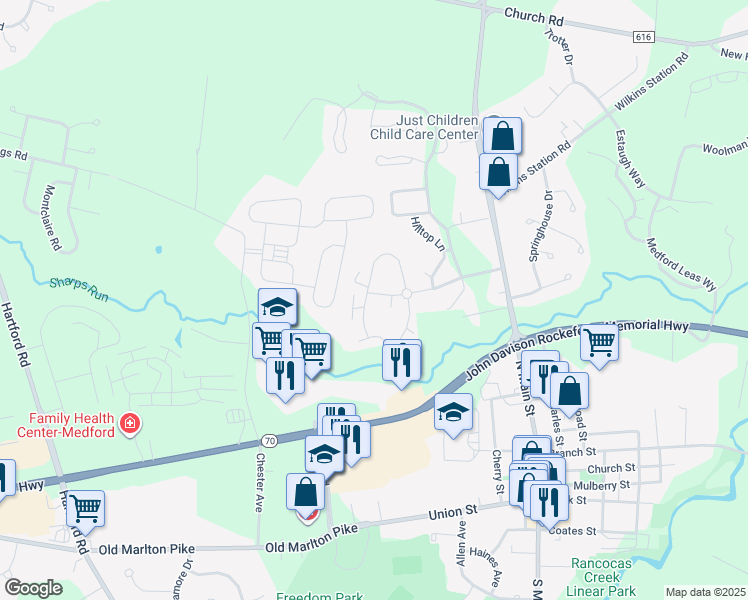 map of restaurants, bars, coffee shops, grocery stores, and more near 87 Eaves Mill Road in Medford