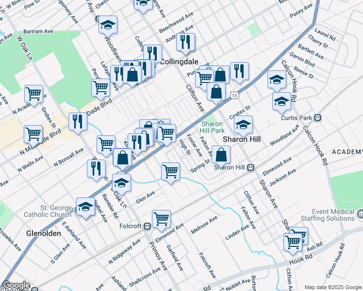 map of restaurants, bars, coffee shops, grocery stores, and more near 118 High Street in Sharon Hill