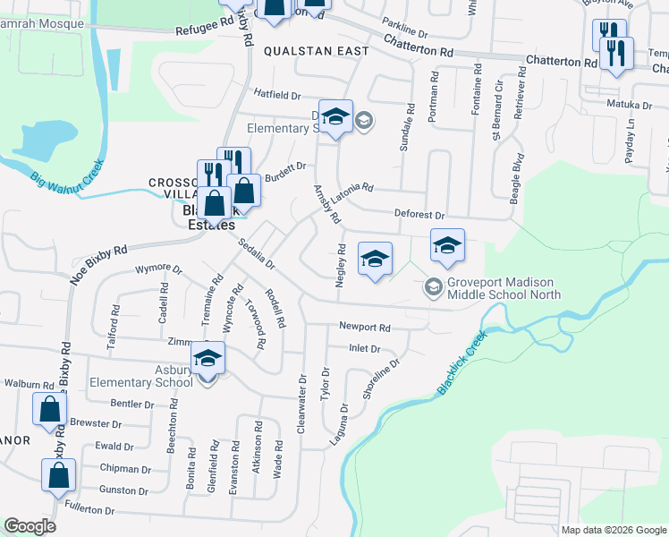 map of restaurants, bars, coffee shops, grocery stores, and more near 3486 Negley Road in Columbus