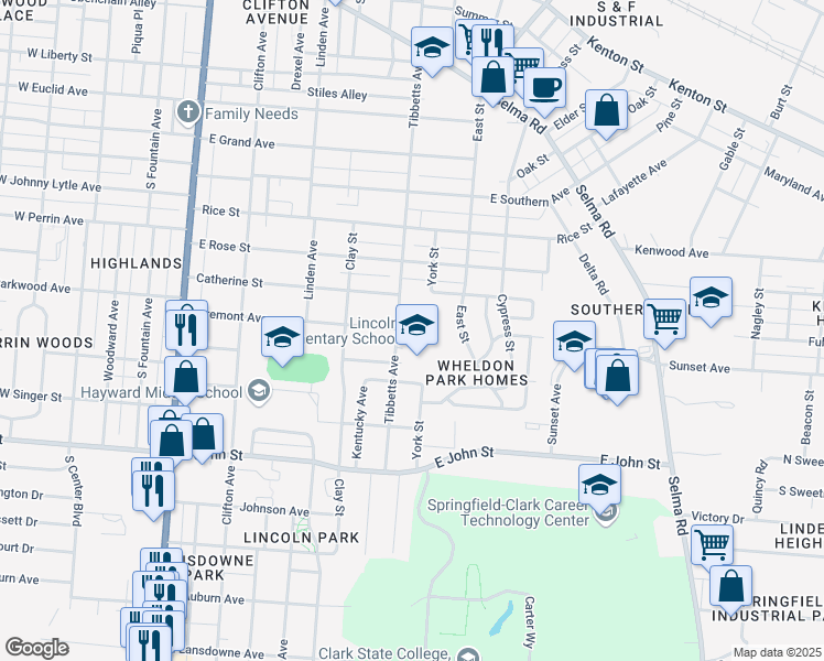 map of restaurants, bars, coffee shops, grocery stores, and more near 1500 Tibbetts Avenue in Springfield