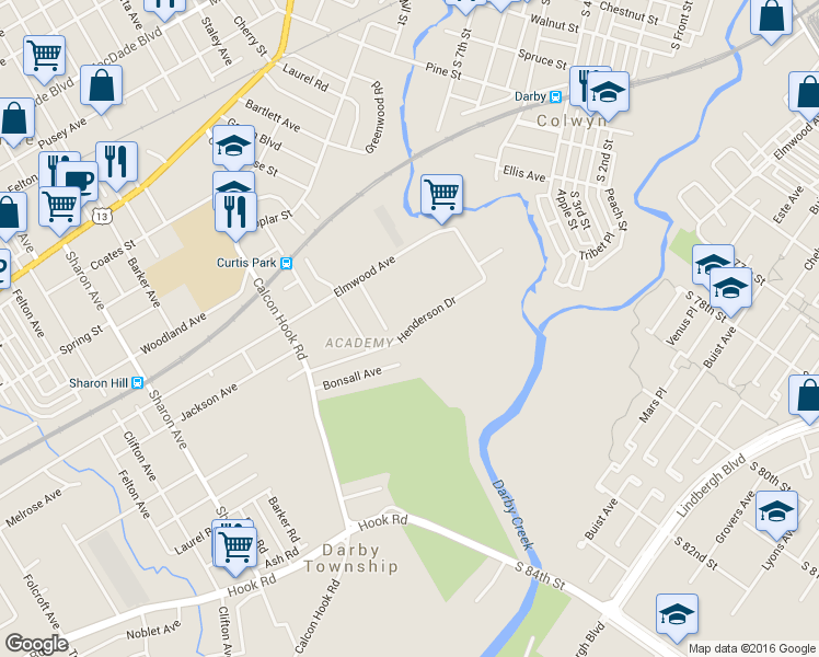 map of restaurants, bars, coffee shops, grocery stores, and more near Henderson Dr in Sharon Hill