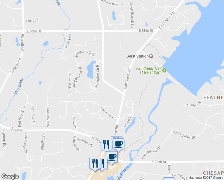 map of restaurants, bars, coffee shops, grocery stores, and more near 8228 Mud Creek Road in Indianapolis