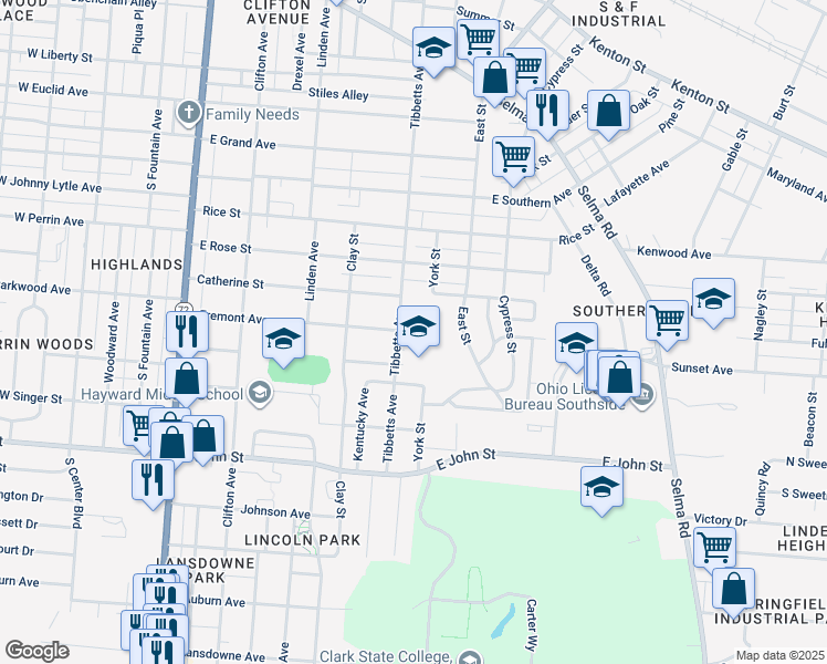 map of restaurants, bars, coffee shops, grocery stores, and more near 1500 Tibbetts Avenue in Springfield