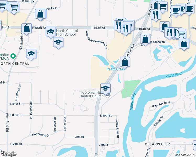 map of restaurants, bars, coffee shops, grocery stores, and more near 8250 Woodfield Crossing Boulevard in Indianapolis