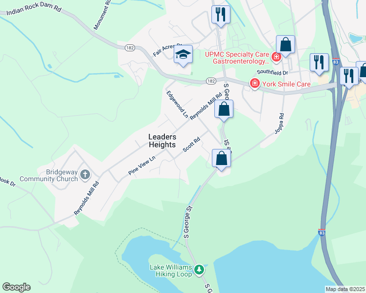 map of restaurants, bars, coffee shops, grocery stores, and more near 165 Scott Road in York