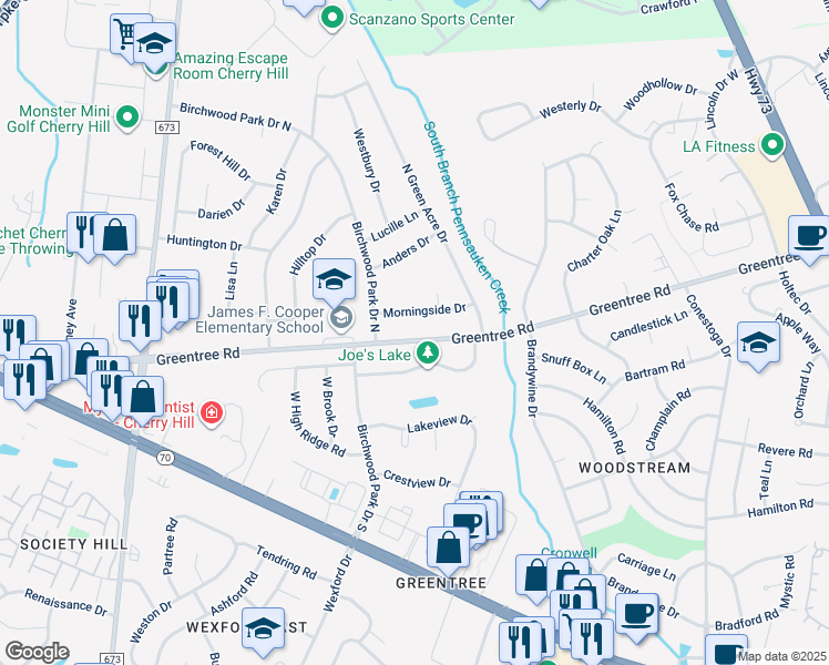 map of restaurants, bars, coffee shops, grocery stores, and more near 1972 Greentree Road in Cherry Hill