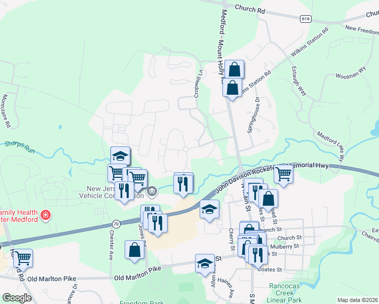map of restaurants, bars, coffee shops, grocery stores, and more near 4 Eaves Mill Road in Medford