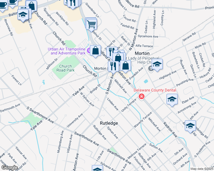 map of restaurants, bars, coffee shops, grocery stores, and more near 56 South Morton Avenue in Morton