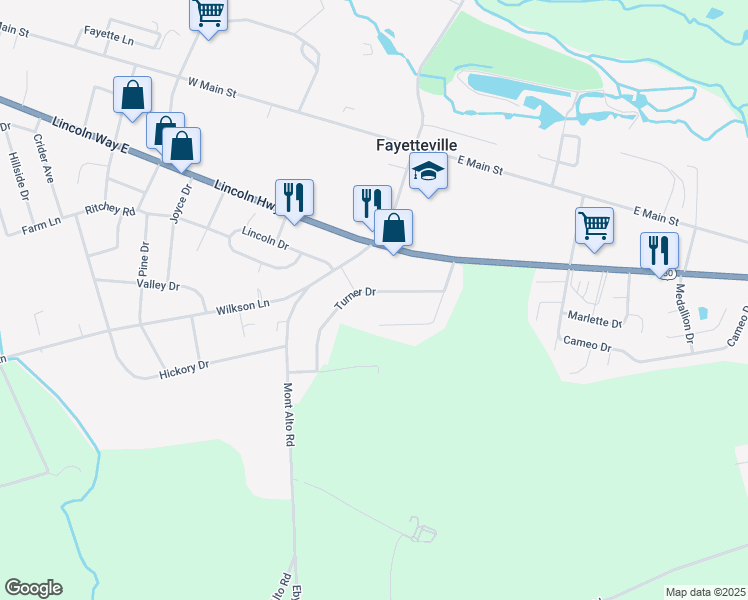 map of restaurants, bars, coffee shops, grocery stores, and more near 32 Turner Drive in Fayetteville